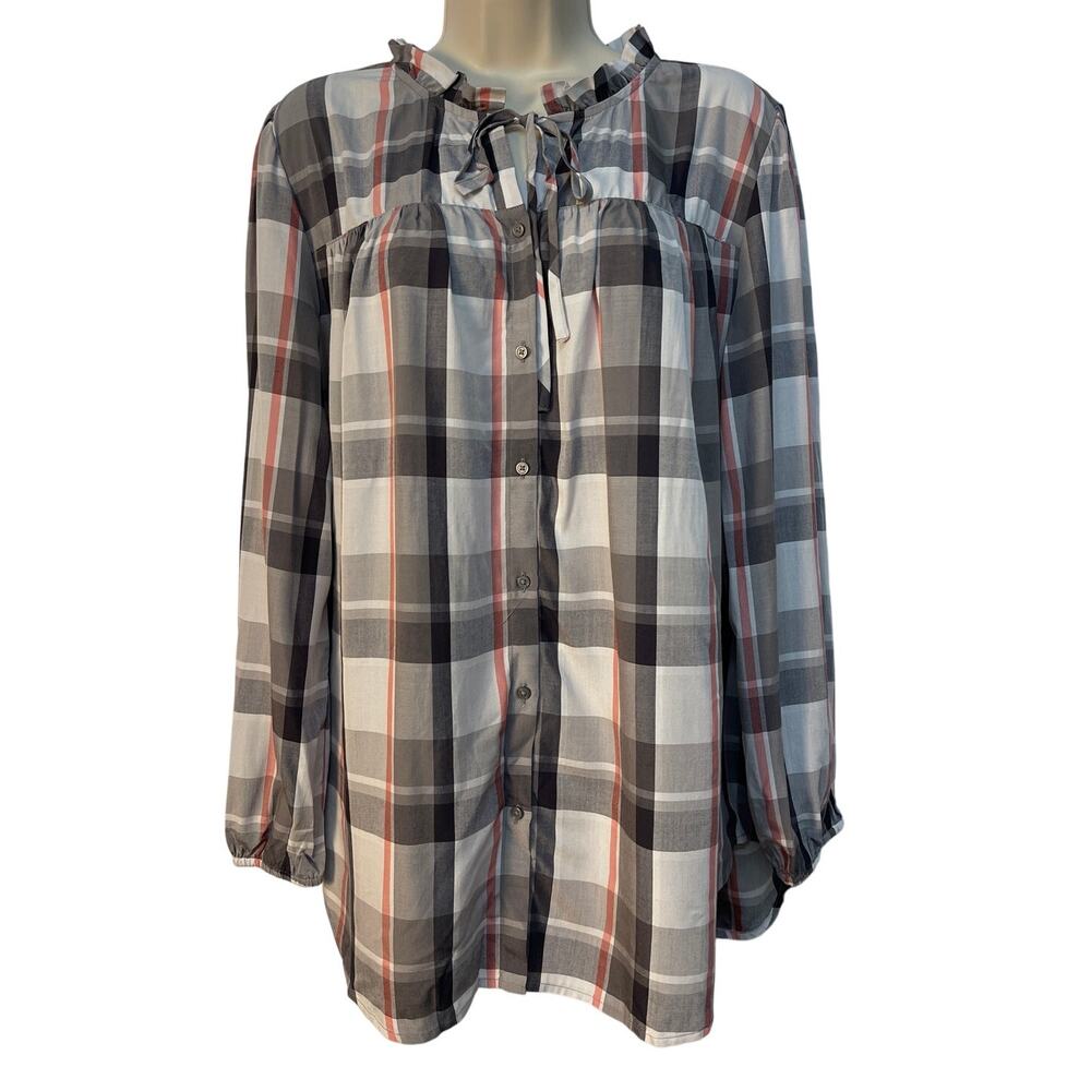 LOFT Outlet Womens Plaid Ruffle Tie‎ Neck Button Down Blouse Grey Pink Large